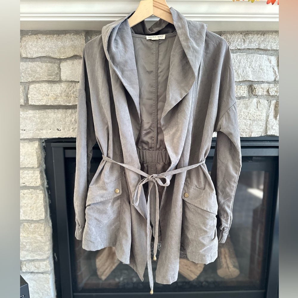 ✨VTG ✨Double Zero Wrap Jacket Hooded Silk Lining Tie Front Sage/Gray Women Small